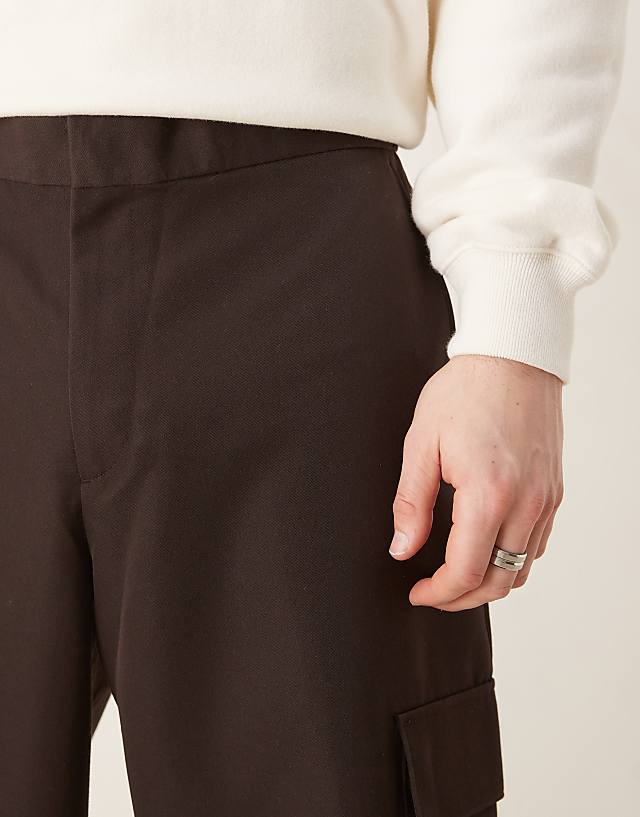 Asos ASOS DESIGN Smart Wide Leg Cargo Trousers In Brown With Elasticated Waist