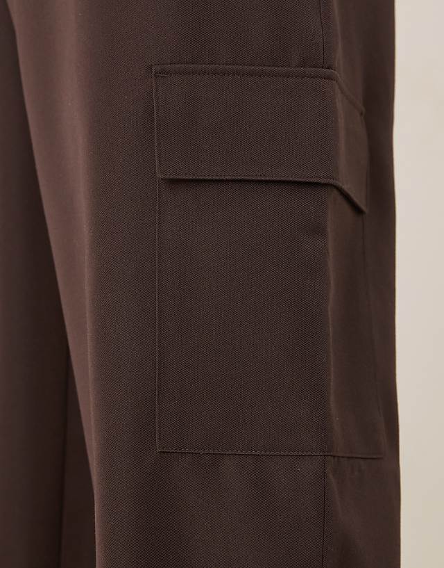 Asos ASOS DESIGN Smart Wide Leg Cargo Trousers In Brown With Elasticated Waist