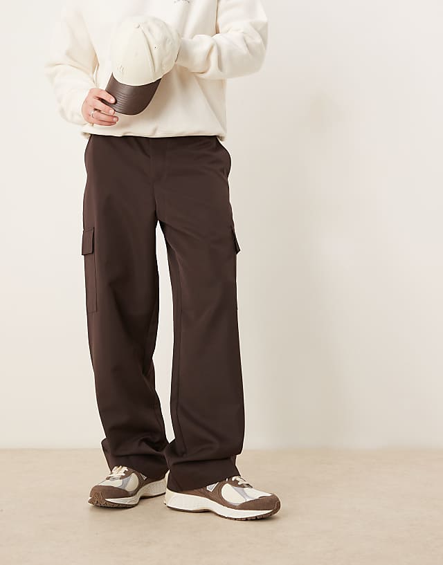 Asos ASOS DESIGN Smart Wide Leg Cargo Trousers In Brown With Elasticated Waist