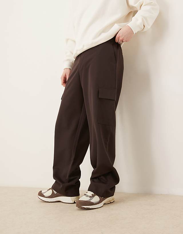 asos ASOS DESIGN smart wide leg cargo trousers in brown with elasticated waist