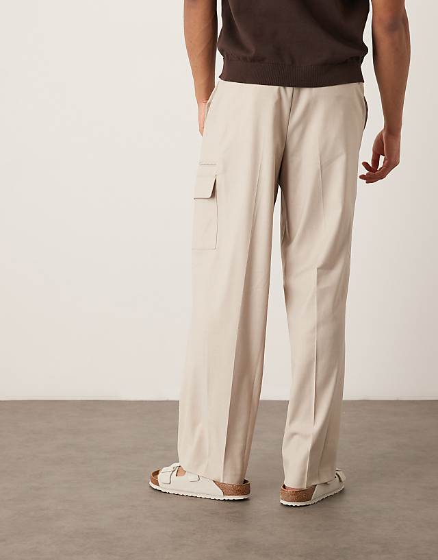 Asos ASOS DESIGN Smart Wide Leg Cargo Trousers In Neutral Linen Look