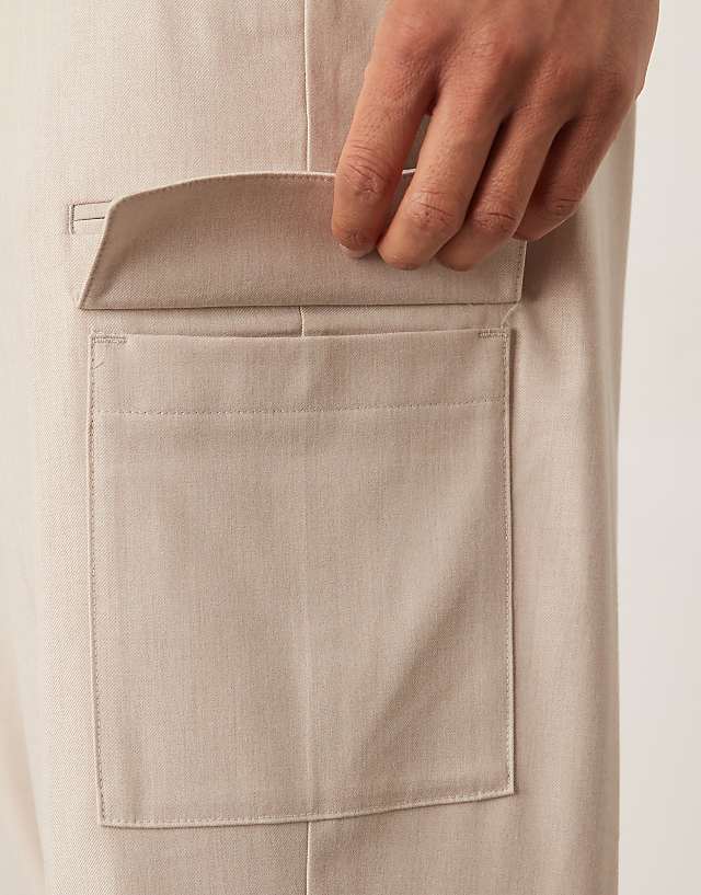 Asos ASOS DESIGN Smart Wide Leg Cargo Trousers In Neutral Linen Look