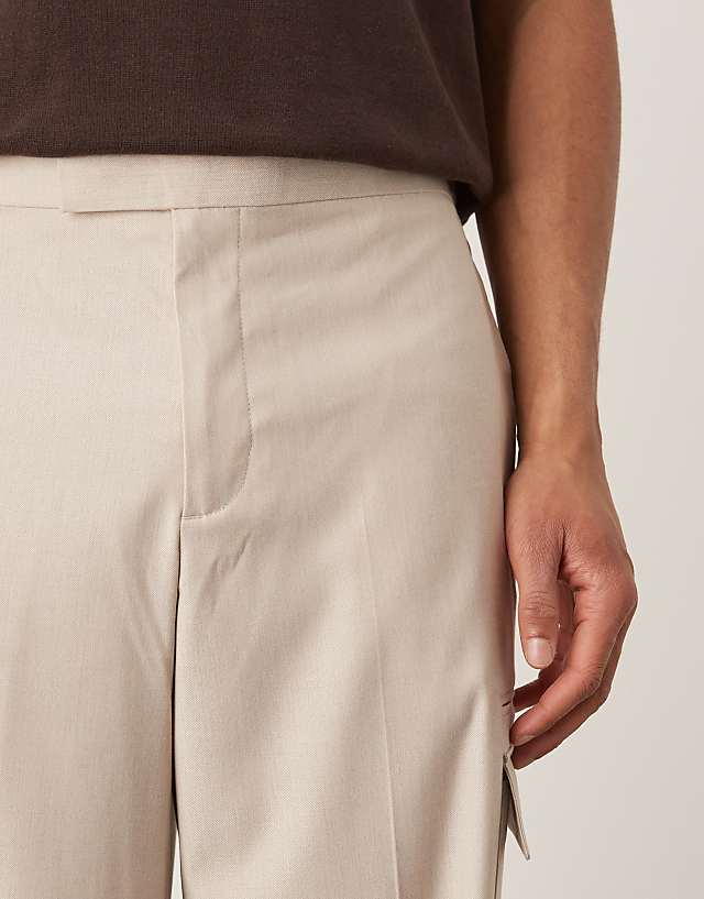 Asos ASOS DESIGN Smart Wide Leg Cargo Trousers In Neutral Linen Look