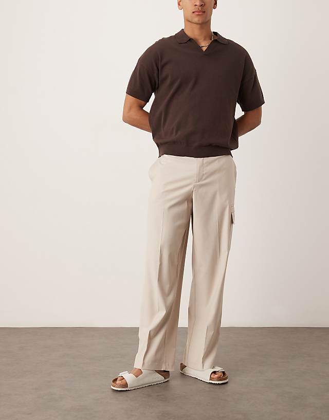 asos ASOS DESIGN smart wide leg cargo trousers in neutral linen look