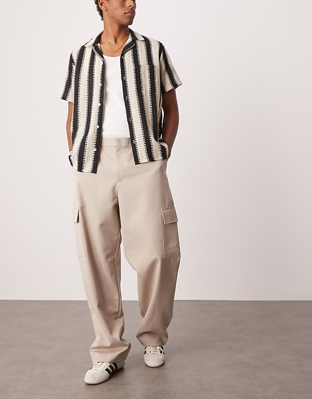 Asos ASOS DESIGN Smart Wide Leg Cargo Trousers In Stone With Elasticated Waist