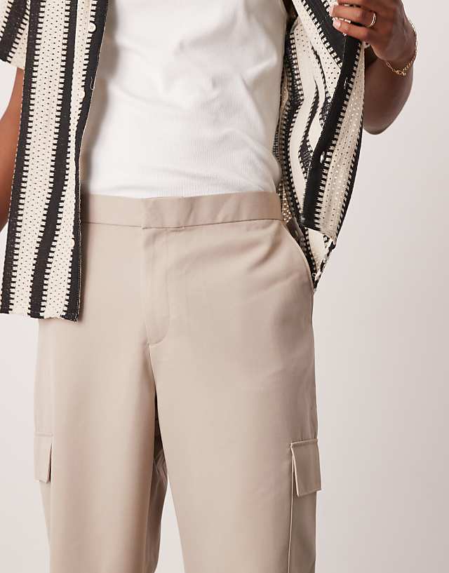 Asos ASOS DESIGN Smart Wide Leg Cargo Trousers In Stone With Elasticated Waist
