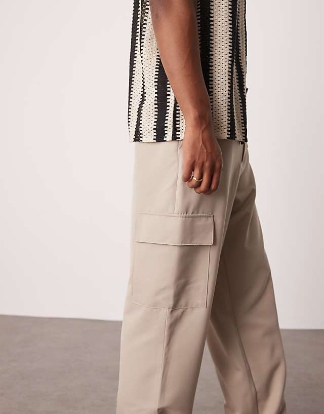 Asos ASOS DESIGN Smart Wide Leg Cargo Trousers In Stone With Elasticated Waist