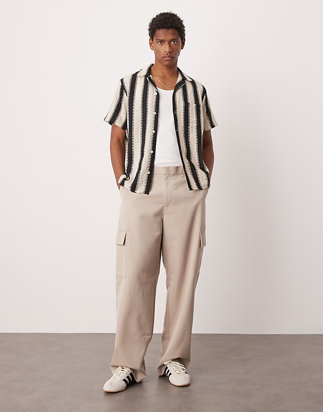 asos ASOS DESIGN smart wide leg cargo trousers in stone with elasticated waist