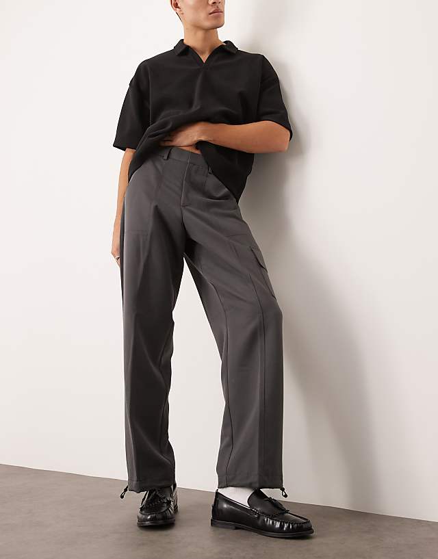 asos ASOS DESIGN smart wide leg cargo trousers with toggle hem in grey