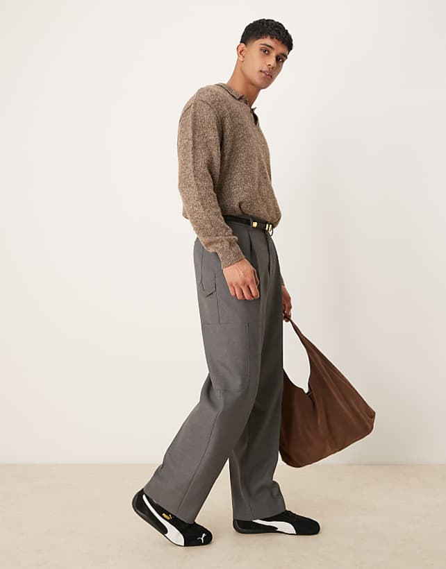 asos ASOS DESIGN smart wide leg carpenter trousers in grey texture