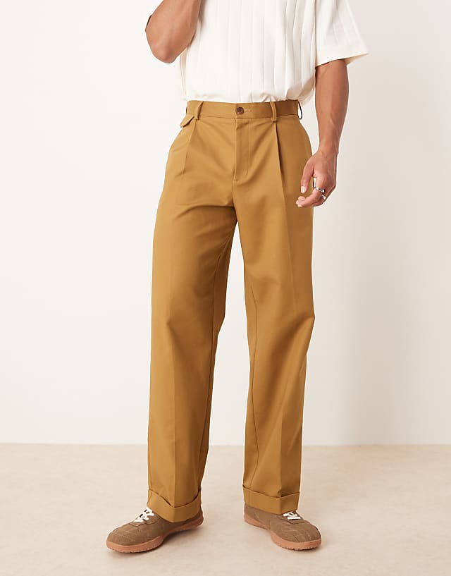 Asos ASOS DESIGN Smart Wide Leg Cotton Chino Trousers With Front Pleat In Brown