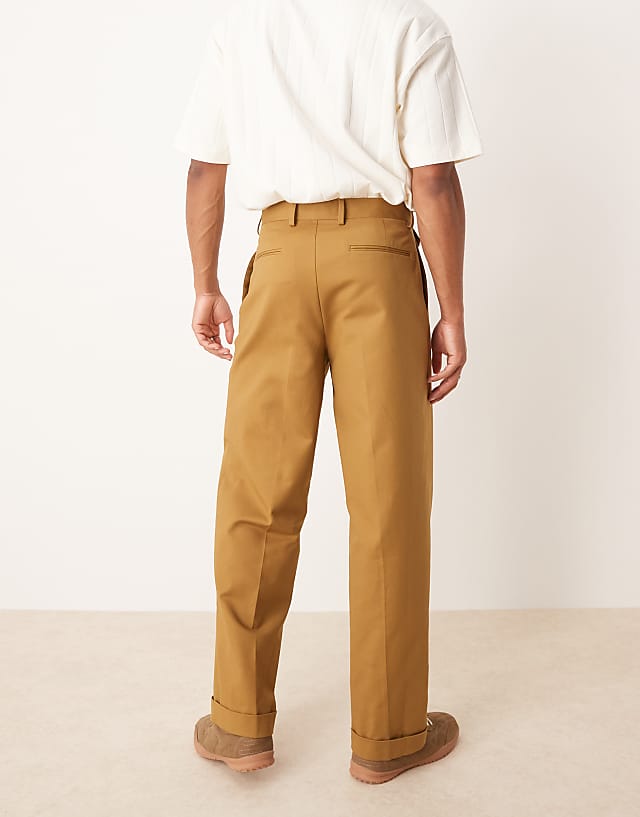 Asos ASOS DESIGN Smart Wide Leg Cotton Chino Trousers With Front Pleat In Brown