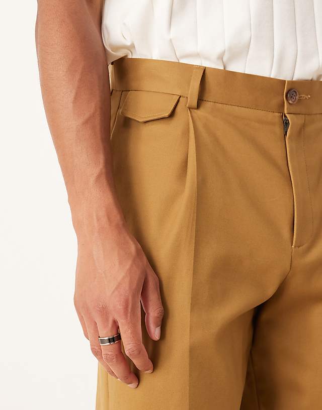 Asos ASOS DESIGN Smart Wide Leg Cotton Chino Trousers With Front Pleat In Brown