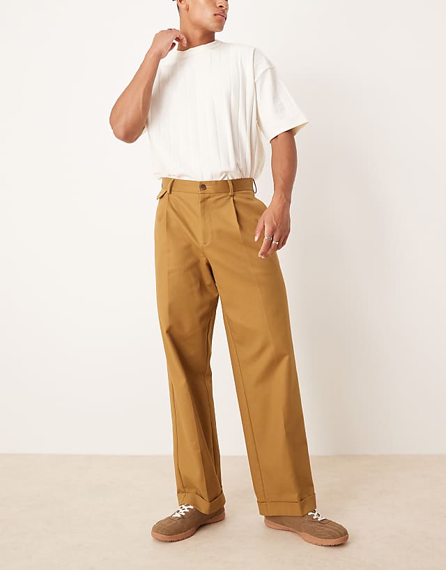 asos ASOS DESIGN smart wide leg cotton chino trousers with front pleat in brown