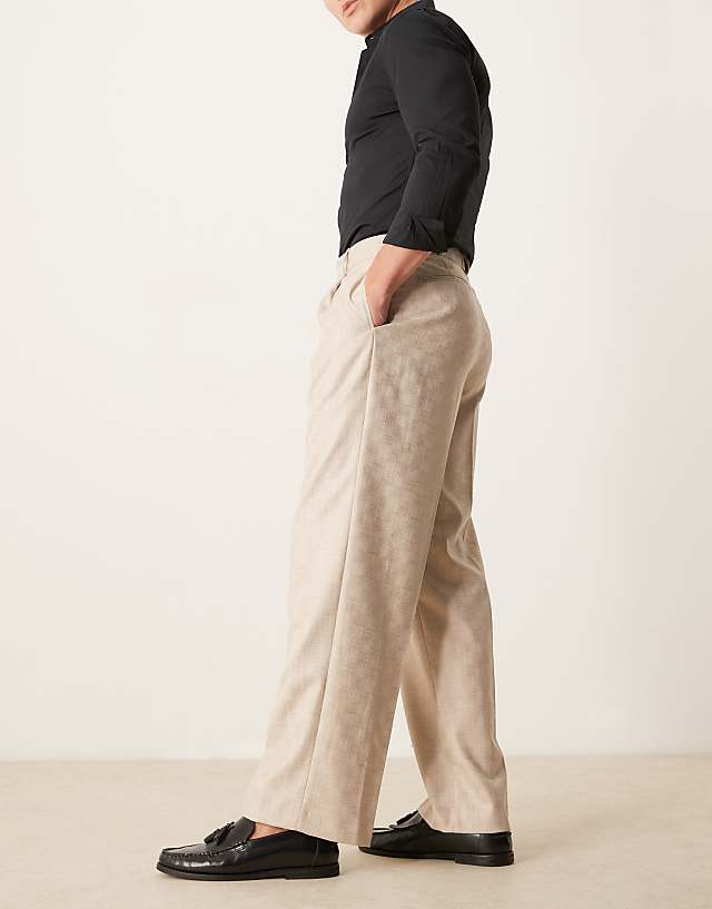 Asos ASOS DESIGN Smart Wide Leg Jacquard Trousers In Stone With Front Pleat