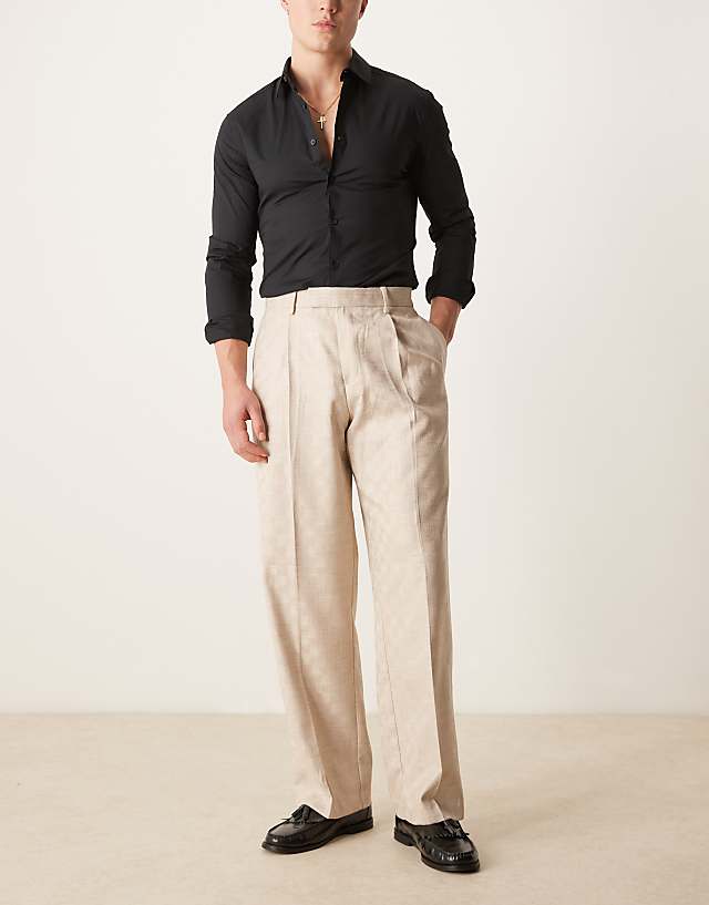 asos ASOS DESIGN smart wide leg jacquard trousers in stone with front pleat