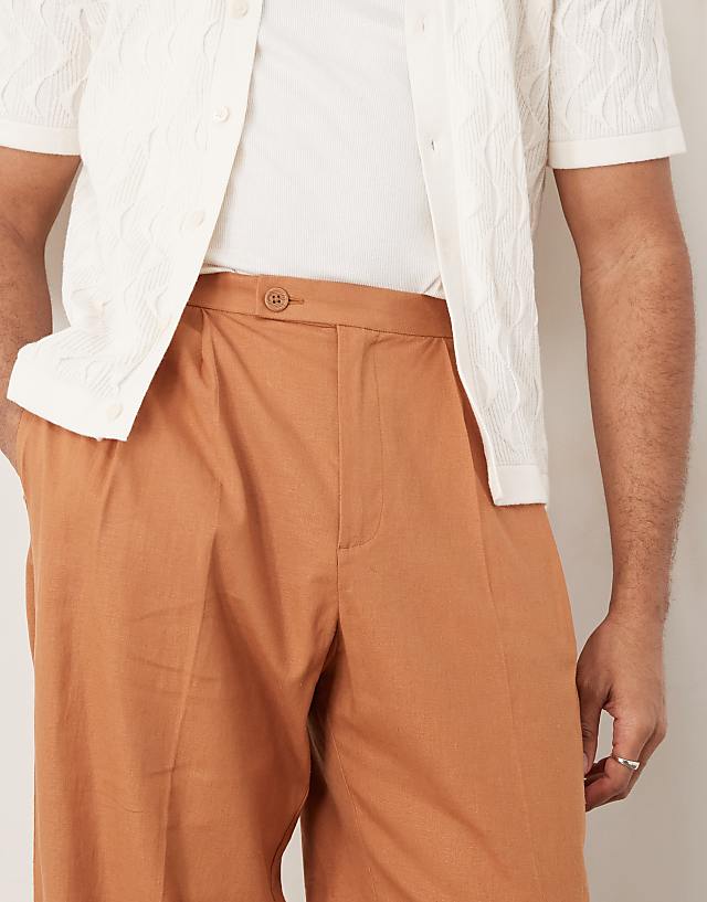 Asos ASOS DESIGN Smart Wide Leg Linen Blend Trousers With Double Pleats In Rust