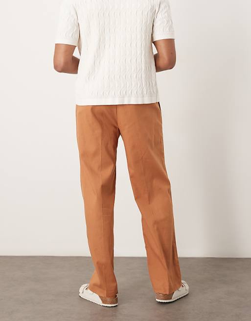 Asos ASOS DESIGN Smart Wide Leg Linen Blend Trousers With Double Pleats In Rust