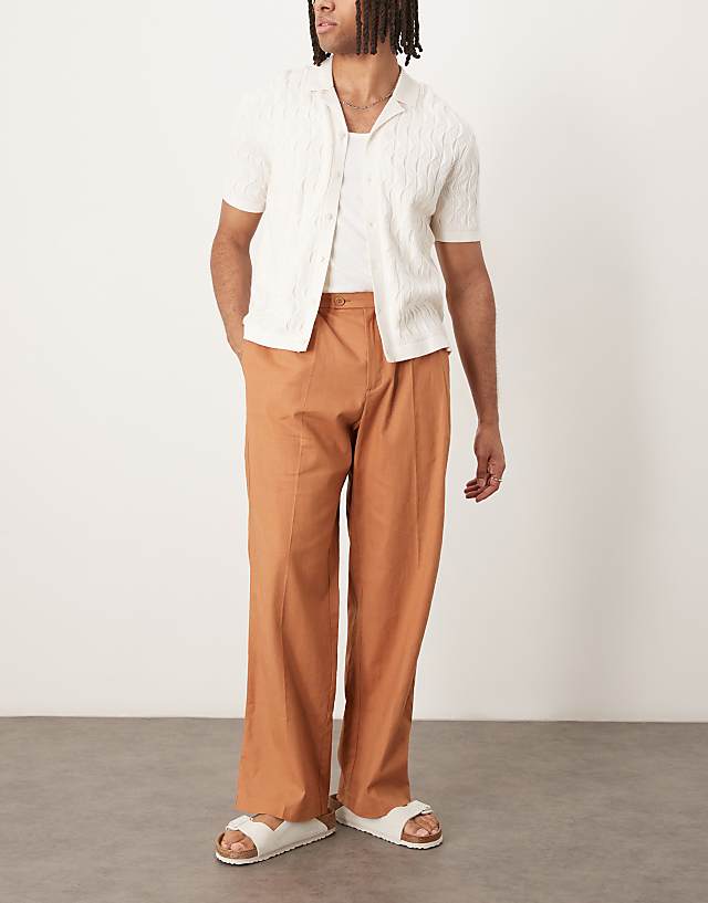 Asos ASOS DESIGN Smart Wide Leg Linen Blend Trousers With Double Pleats In Rust