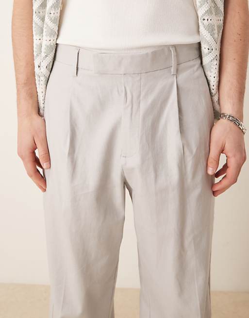 Asos ASOS DESIGN Smart Wide Leg Linen Blend Trousers With Front Pleat In Light Grey