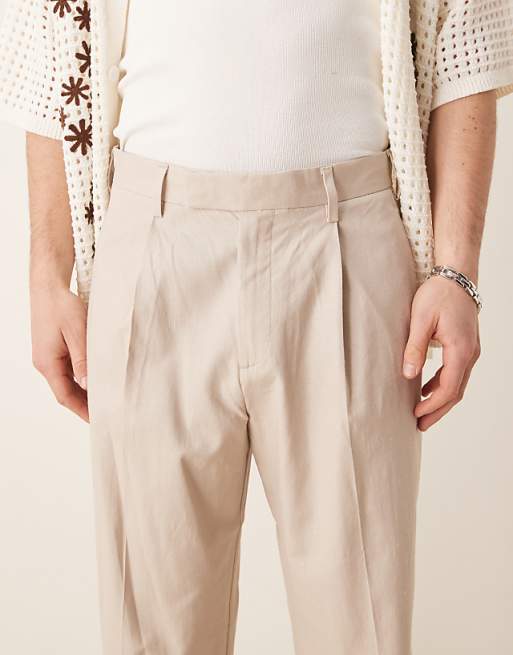 Asos ASOS DESIGN Smart Wide Leg Linen Blend Trousers With Front Pleat In Stone
