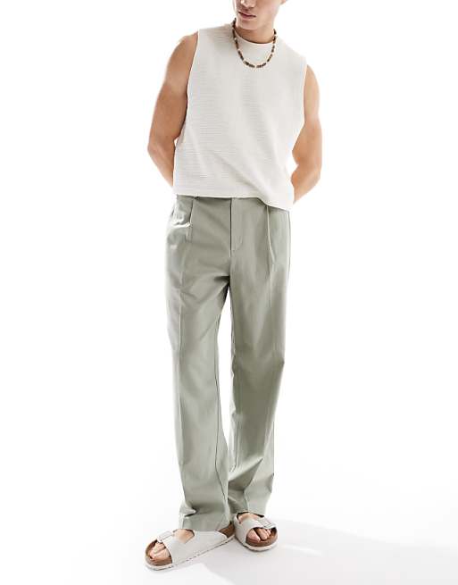 Asos ASOS DESIGN Smart Wide Leg Linen Blend Trousers With Front Pleat In Sage Green