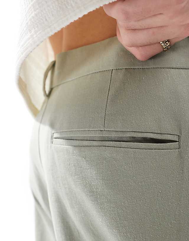 Asos ASOS DESIGN Smart Wide Leg Linen Blend Trousers With Front Pleat In Sage Green