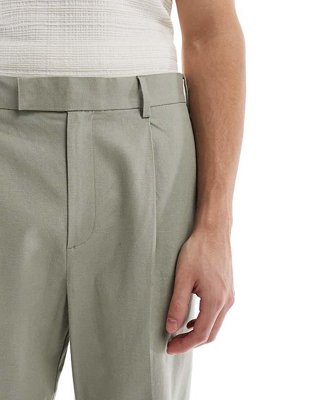 Asos ASOS DESIGN Smart Wide Leg Linen Blend Trousers With Front Pleat In Sage Green