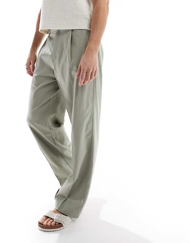 asos ASOS DESIGN smart wide leg linen blend trousers with front pleat in sage green