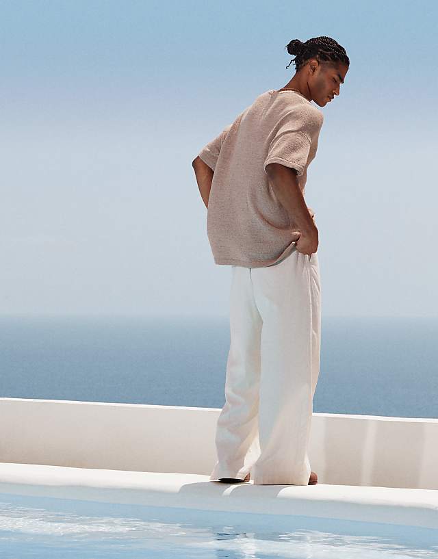 Asos ASOS DESIGN Smart Wide Leg Linen Blend Trousers With Front Pleat In White