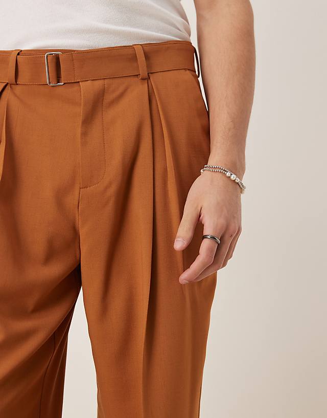 Asos ASOS DESIGN Smart Wide Leg Linen Look Belted Trousers With Front Pleat In Rust