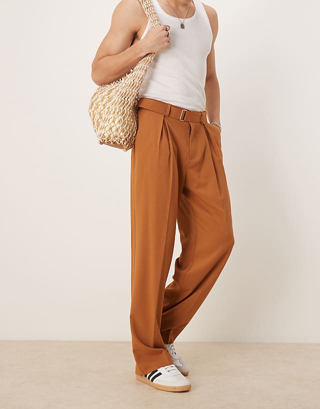 asos ASOS DESIGN smart wide leg linen look belted trousers with front pleat in rust