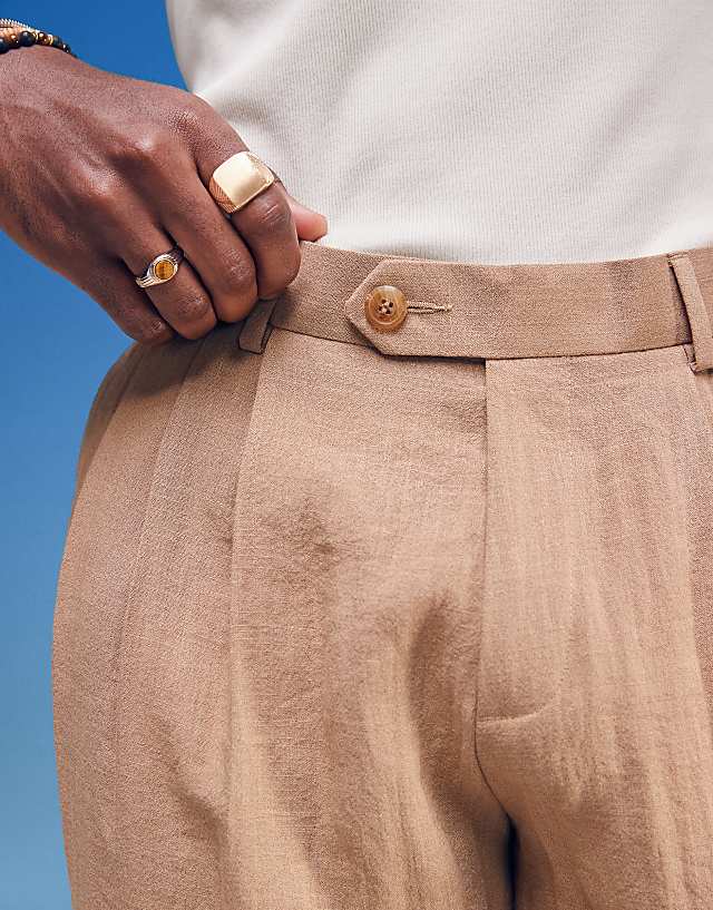 Asos ASOS DESIGN Smart Wide Leg Linen Look Trousers With Double Pleats In Light Brown