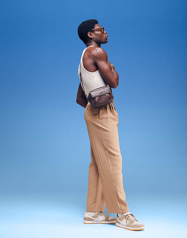 Asos ASOS DESIGN Smart Wide Leg Linen Look Trousers With Double Pleats In Light Brown