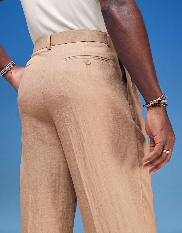 Asos ASOS DESIGN Smart Wide Leg Linen Look Trousers With Double Pleats In Light Brown