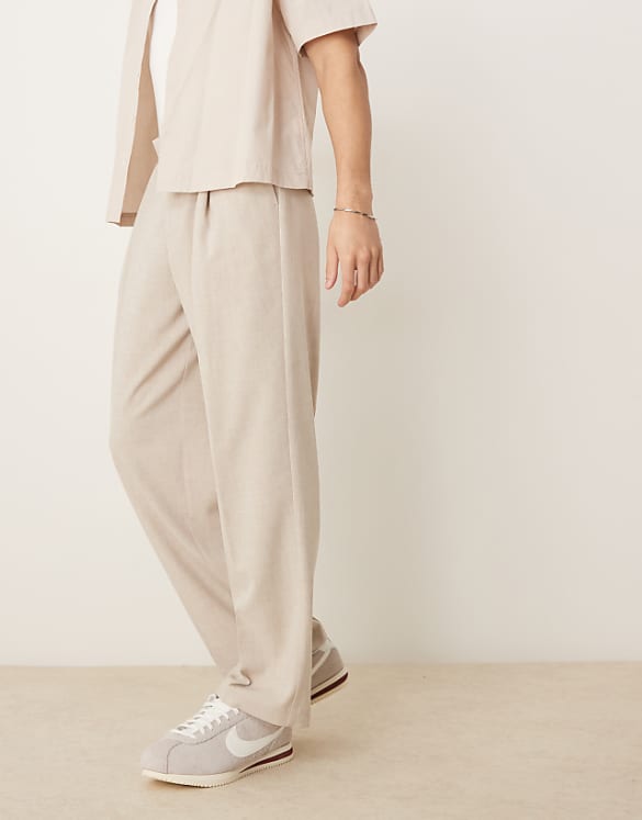 asos ASOS DESIGN smart wide leg micro texture trousers in stone