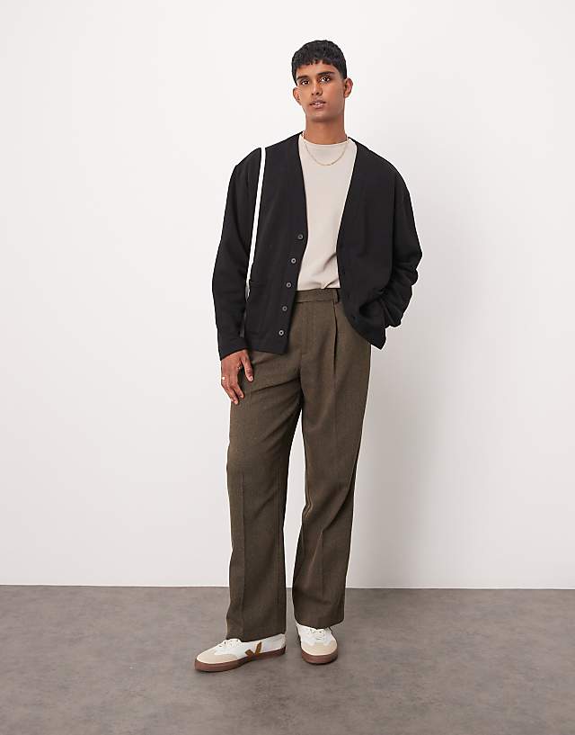 Asos ASOS DESIGN Smart Wide Leg Pleated Trousers In Brown With Wool Herringbone