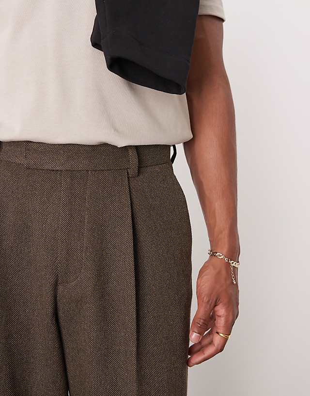 Asos ASOS DESIGN Smart Wide Leg Pleated Trousers In Brown With Wool Herringbone