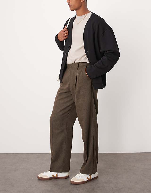 asos ASOS DESIGN smart wide leg pleated trousers in brown with wool herringbone