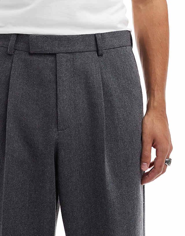Asos ASOS DESIGN Smart Wide Leg Pleated Trousers In Charcoal With Wool Herringbone