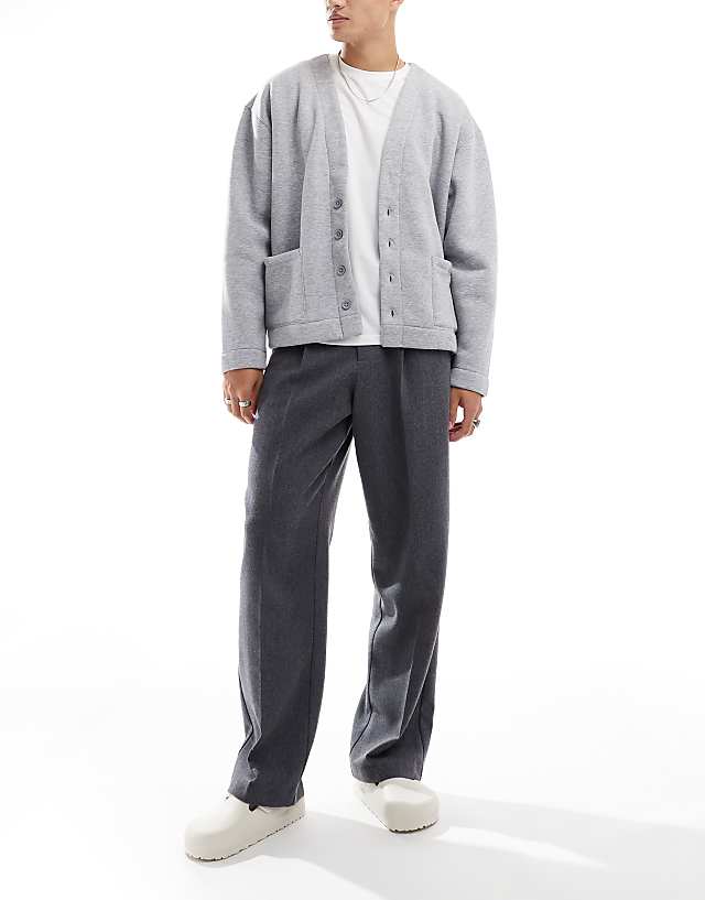 asos ASOS DESIGN smart wide leg pleated trousers in charcoal with wool herringbone