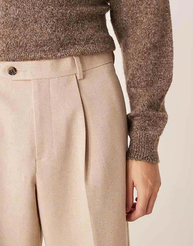 Asos ASOS DESIGN Smart Wide Leg Pleated Trousers In Stone With Wool Herringbone