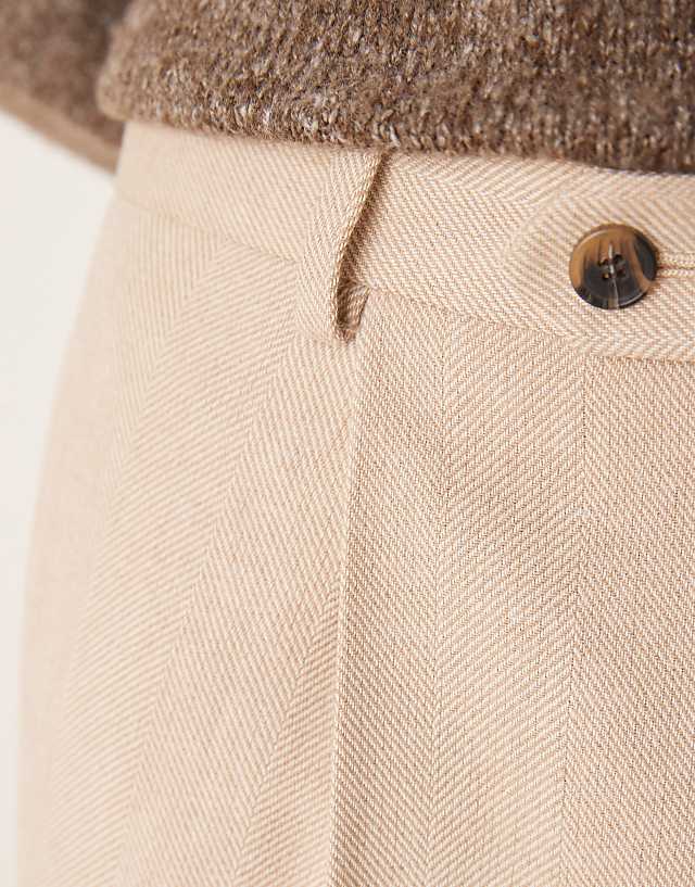 Asos ASOS DESIGN Smart Wide Leg Pleated Trousers In Stone With Wool Herringbone