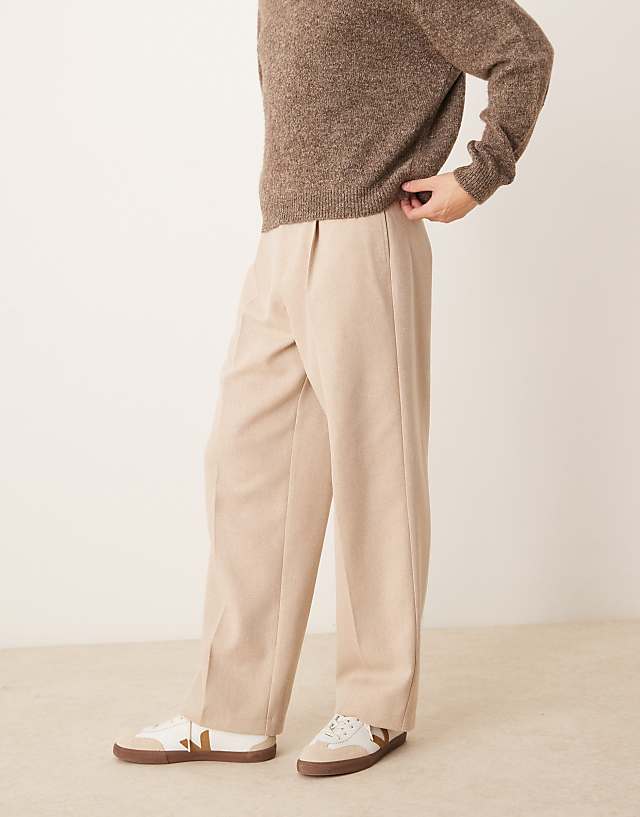 asos ASOS DESIGN smart wide leg pleated trousers in stone with wool herringbone