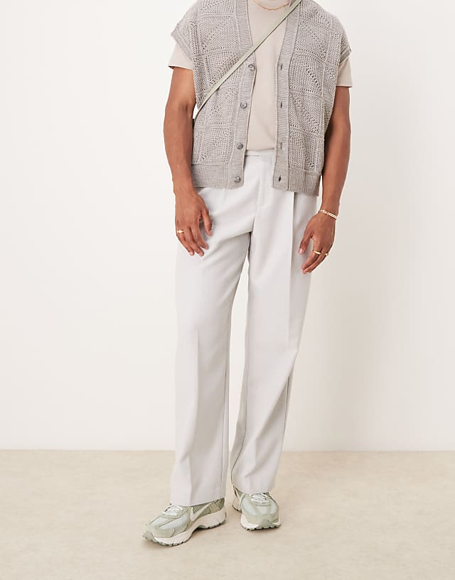 Asos ASOS DESIGN Smart Wide Leg Pleated Wool Mix Trousers In Light Grey Herringbone