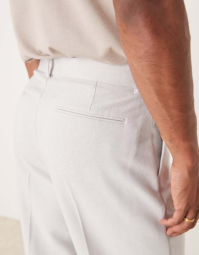 Asos ASOS DESIGN Smart Wide Leg Pleated Wool Mix Trousers In Light Grey Herringbone
