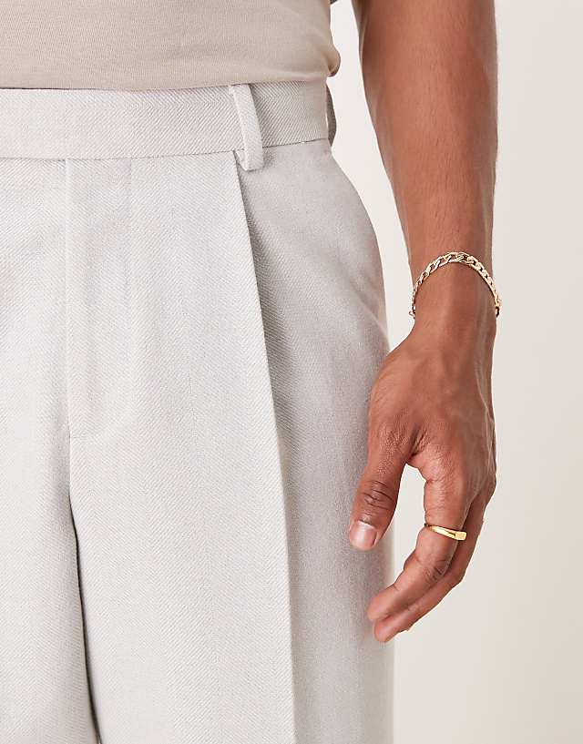 Asos ASOS DESIGN Smart Wide Leg Pleated Wool Mix Trousers In Light Grey Herringbone