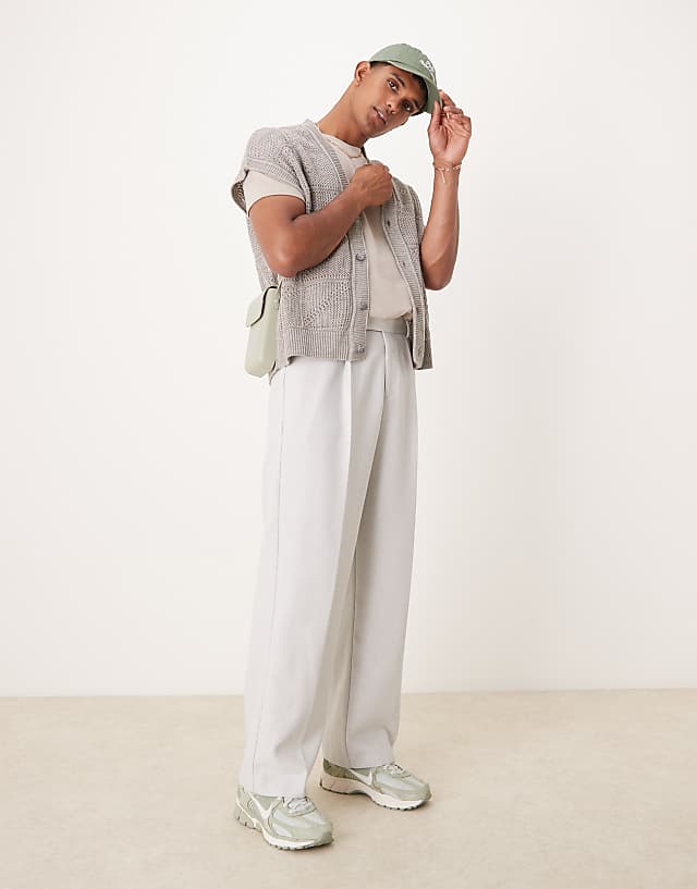 asos ASOS DESIGN smart wide leg pleated wool mix trousers in light grey herringbone