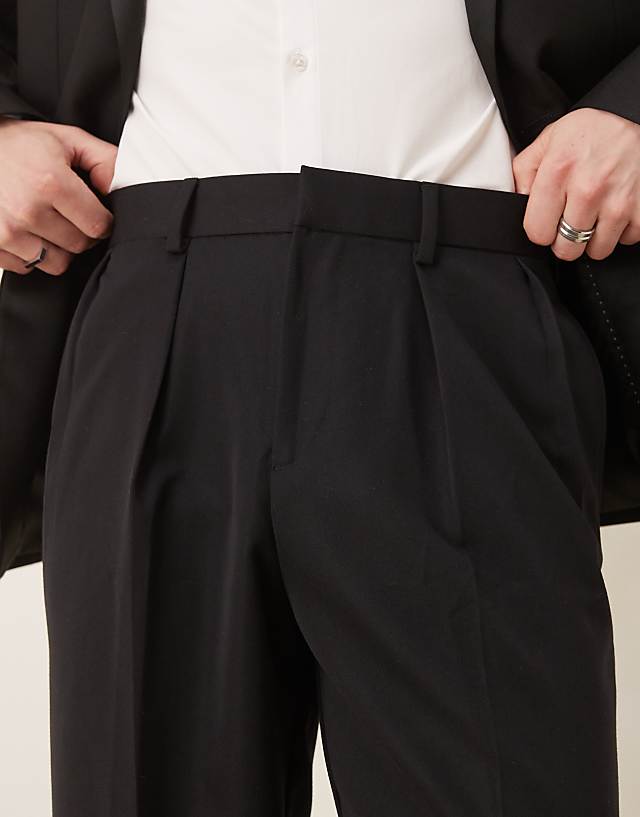 Asos ASOS DESIGN Smart Wide Leg Trouser With Double Pleats In Black