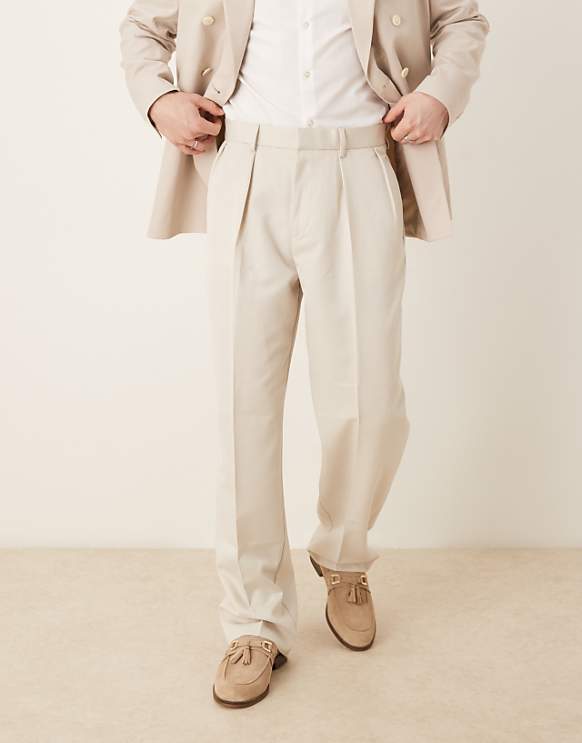 asos ASOS DESIGN smart wide leg trouser with double pleats in stone